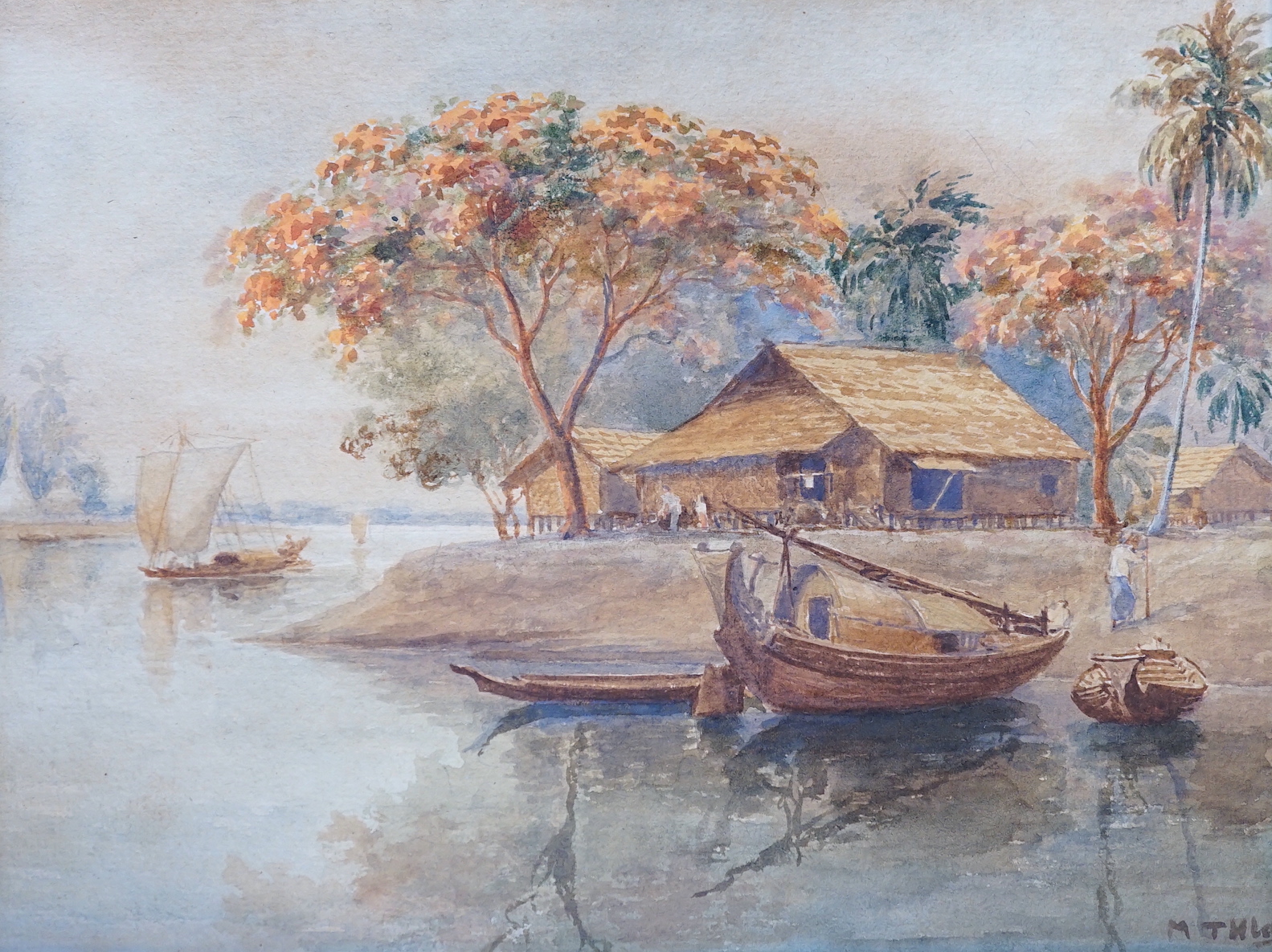 Mg Tun Hla (Burmese, 1874-1946), watercolour, village viewed from the river, signed, 14.5 x 19cm, unframed